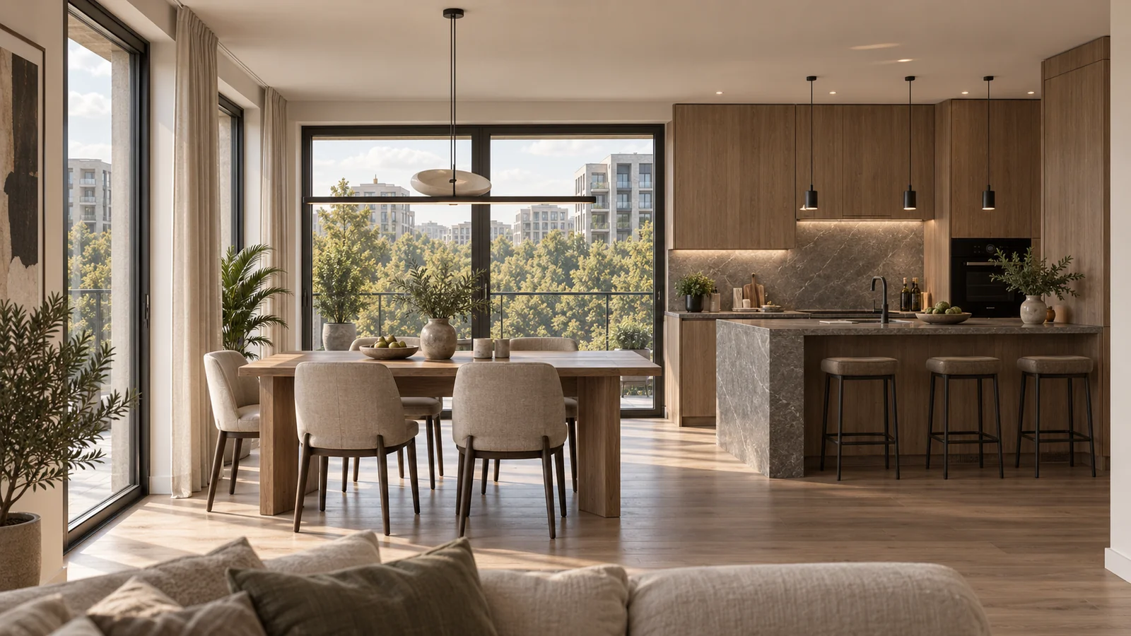 Render van een lichte eetkamer met houten keuken en natuurstenen kookeiland