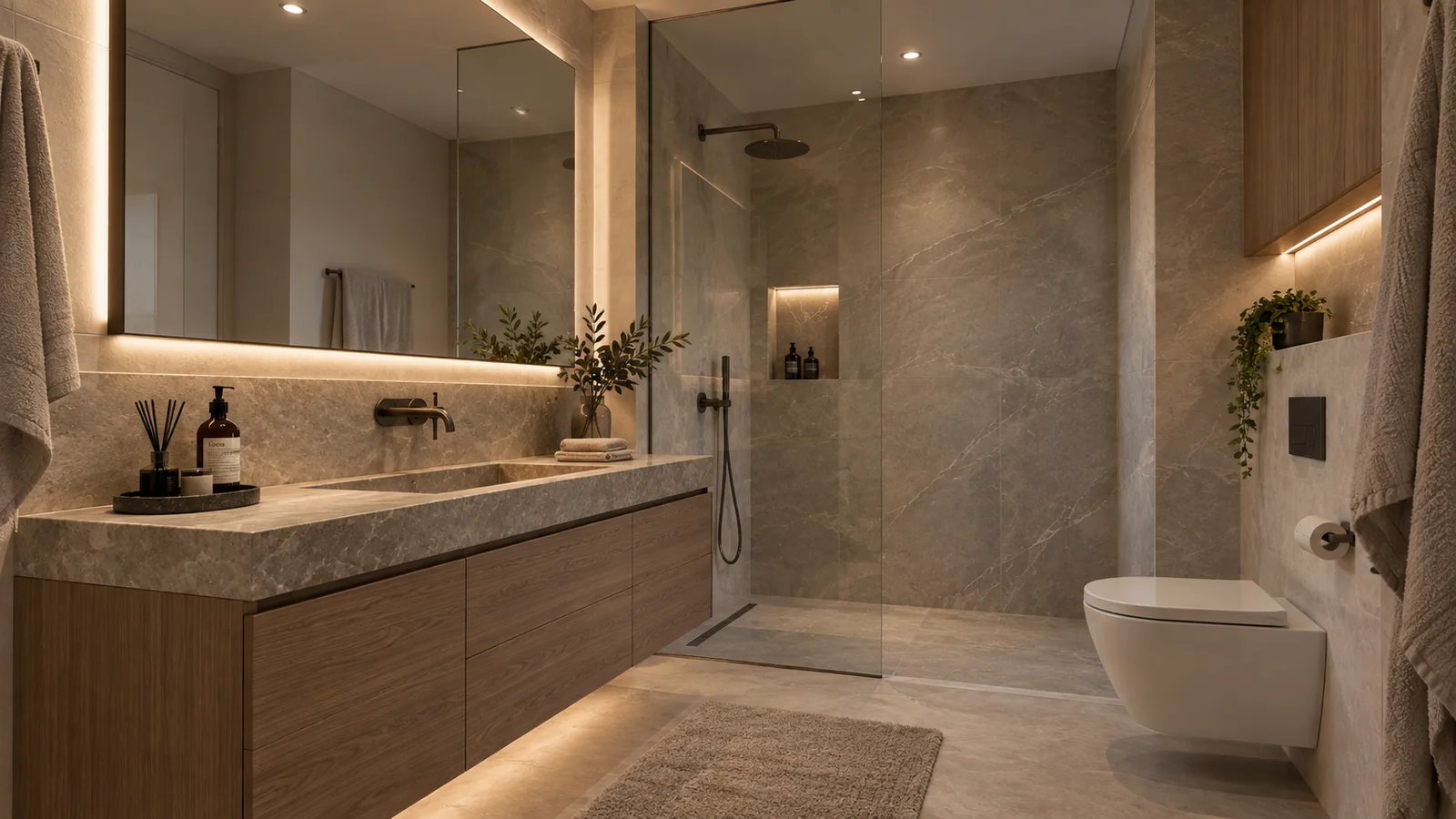 Render van een warme badkamer met natuursteen, houten wastafelmeubel en indirect licht