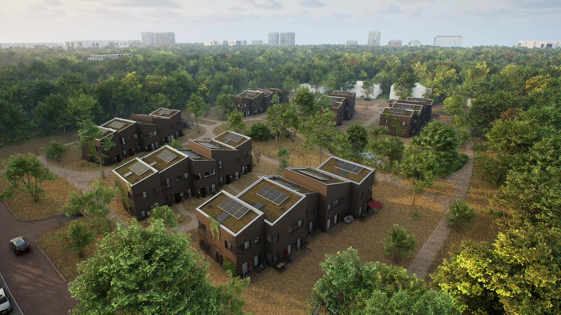 Nieuwbouwvisualisatie van woningen in een bosrijke omgeving